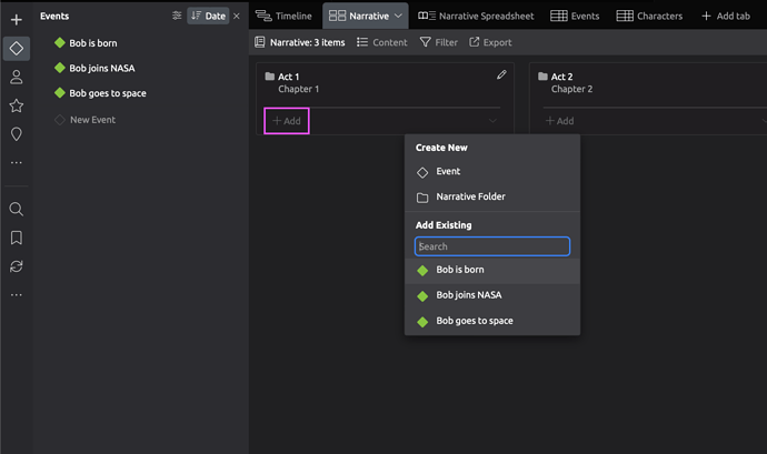 Add events to narrative